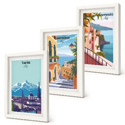 Composizione di 3 quadri paesaggi urbani illustrati in stile retrò colorato