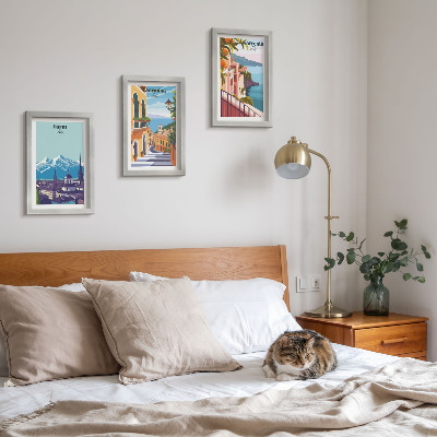 Composizione di 3 quadri Paesaggi urbani illustrati, colorati e in stile retrò