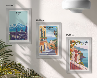 Composizione di 3 quadri Paesaggi urbani illustrati, colorati e in stile retrò