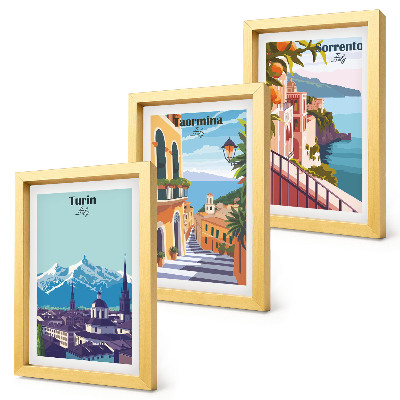 Composizione di 3 quadri Paesaggi urbani illustrati, colorati e in stile retrò