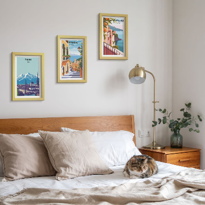 Composizione di 3 quadri Paesaggi urbani illustrati, colorati e in stile retrò