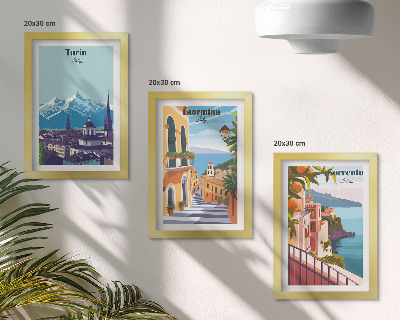 Composizione di 3 quadri Paesaggi urbani illustrati, colorati e in stile retrò