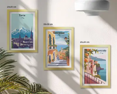 Composizione di 3 quadri paesaggi urbani illustrati in stile retrò colorato
