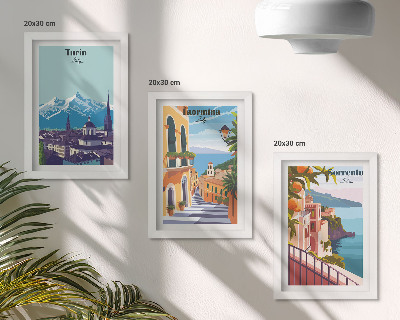 Composizione di 3 quadri Paesaggi urbani illustrati, colorati e in stile retrò