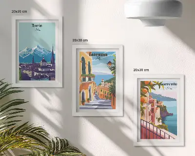 Composizione di 3 quadri paesaggi urbani illustrati in stile retrò colorato