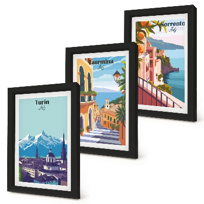 Composizione di 3 quadri Paesaggi urbani illustrati, colorati e in stile retrò