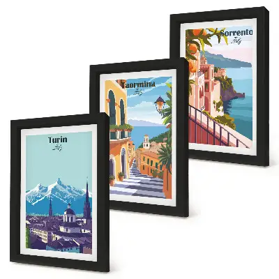 Composizione di 3 quadri paesaggi urbani illustrati in stile retrò colorato