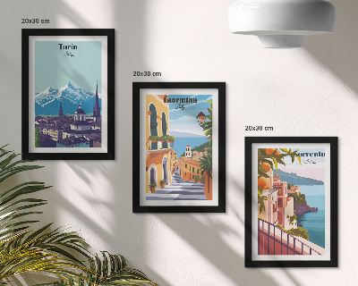 Composizione di 3 quadri Paesaggi urbani illustrati, colorati e in stile retrò
