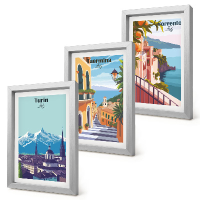 Composizione di 3 quadri Paesaggi urbani illustrati, colorati e in stile retrò