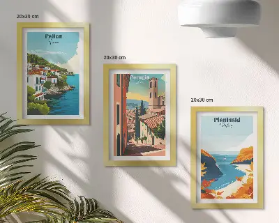 Trittico incorniciato con paesaggi pittoreschi in stile retrò