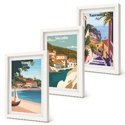 Composizione di 3 quadri Vedute di città costiere illustrate con stile