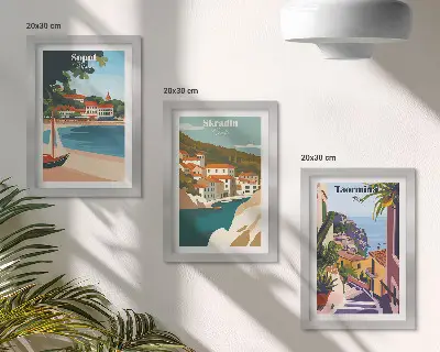 Composizione di 3 quadri con vedute di città costiere illustrate
