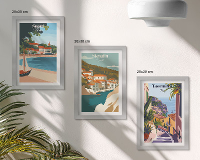 Composizione di 3 quadri Vedute di città costiere illustrate con stile