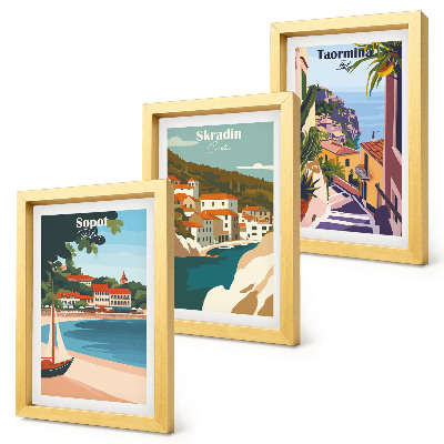 Composizione di 3 quadri Vedute di città costiere illustrate con stile