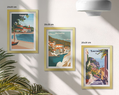 Composizione di 3 quadri Vedute di città costiere illustrate con stile