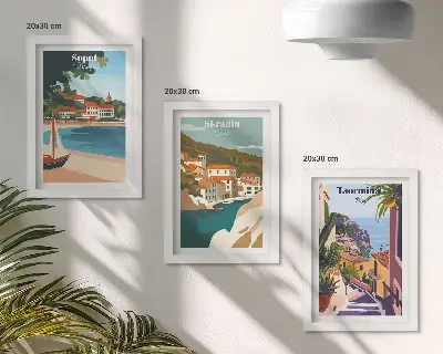 Composizione di 3 quadri con vedute di città costiere illustrate