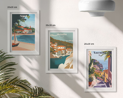 Composizione di 3 quadri Vedute di città costiere illustrate con stile