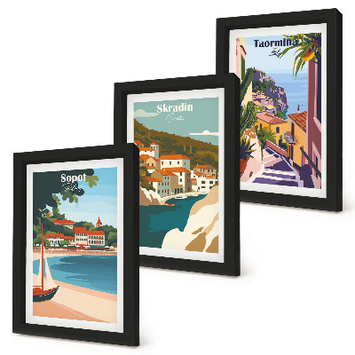 Composizione di 3 quadri Vedute di città costiere illustrate con stile