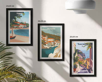 Composizione di 3 quadri Vedute di città costiere illustrate con stile