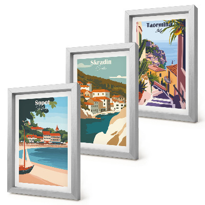 Composizione di 3 quadri Vedute di città costiere illustrate con stile