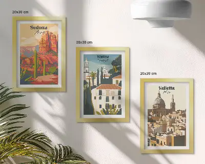 Trittico incorniciato paesaggi urbani retrò di Sedona, Sintra e La Valletta