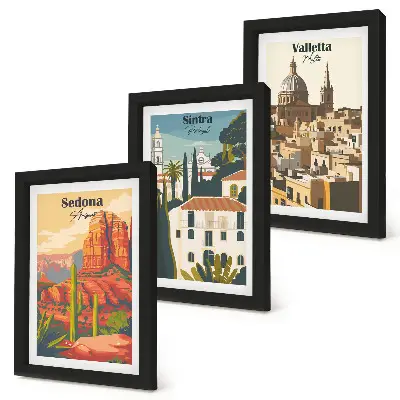 Trittico incorniciato paesaggi urbani retrò di Sedona, Sintra e La Valletta