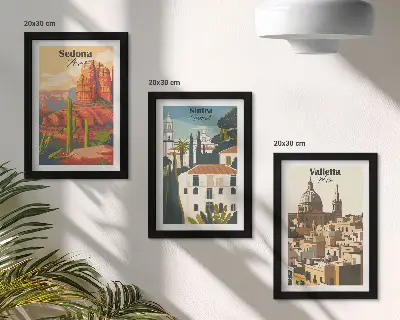 Trittico incorniciato paesaggi urbani retrò di Sedona, Sintra e La Valletta