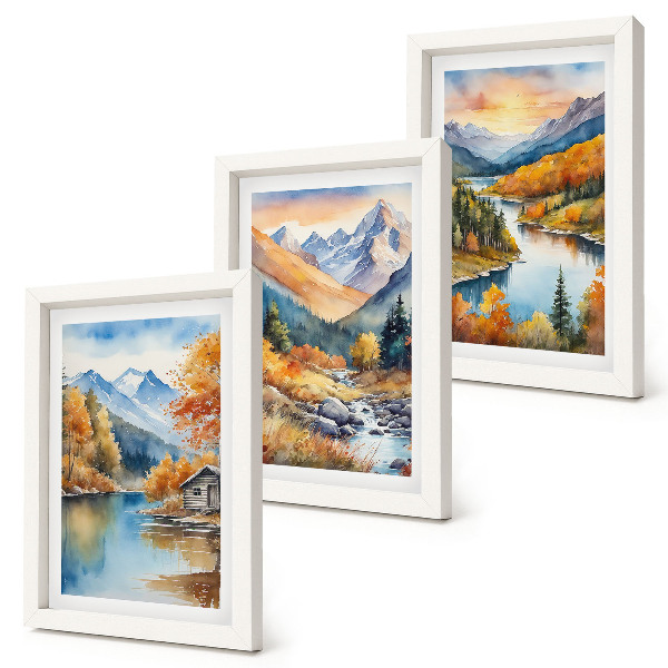 Composizione di 3 quadri Paesaggio montano con un fiume e alberi autunnali