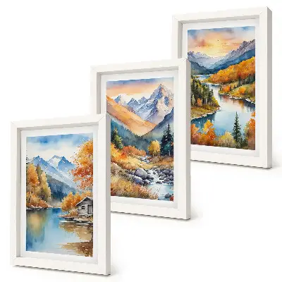 Composizione di 3 quadri con paesaggio montano, fiume e alberi autunnali