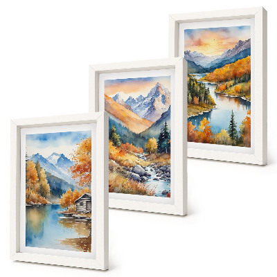 Composizione di 3 quadri Paesaggio montano con un fiume e alberi autunnali