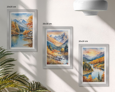 Composizione di 3 quadri Paesaggio montano con un fiume e alberi autunnali