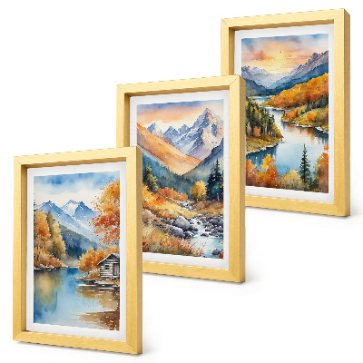 Composizione di 3 quadri Paesaggio montano con un fiume e alberi autunnali