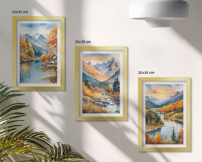 Composizione di 3 quadri Paesaggio montano con un fiume e alberi autunnali