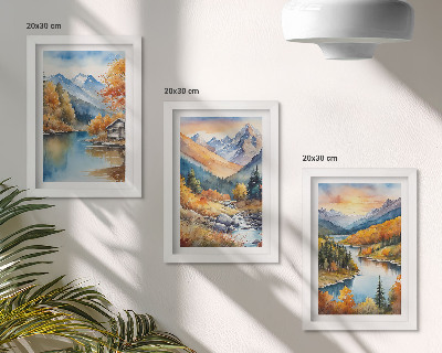 Composizione di 3 quadri Paesaggio montano con un fiume e alberi autunnali