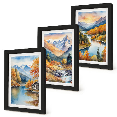 Composizione di 3 quadri Paesaggio montano con un fiume e alberi autunnali