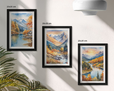 Composizione di 3 quadri Paesaggio montano con un fiume e alberi autunnali