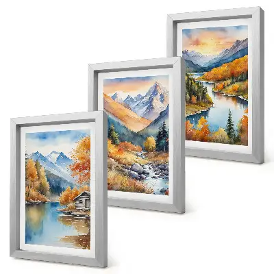 Composizione di 3 quadri con paesaggio montano, fiume e alberi autunnali