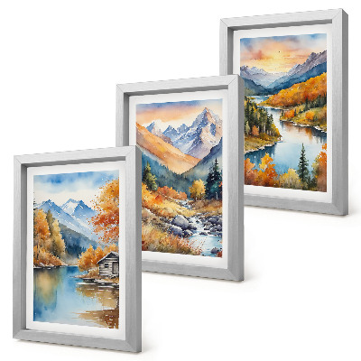 Composizione di 3 quadri Paesaggio montano con un fiume e alberi autunnali