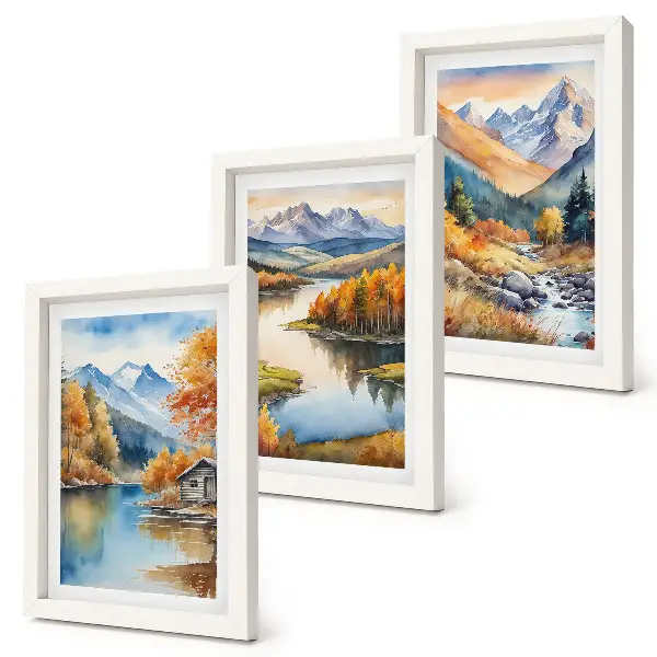 Trittico incorniciato con panorami montani, fiume e alberi autunnali