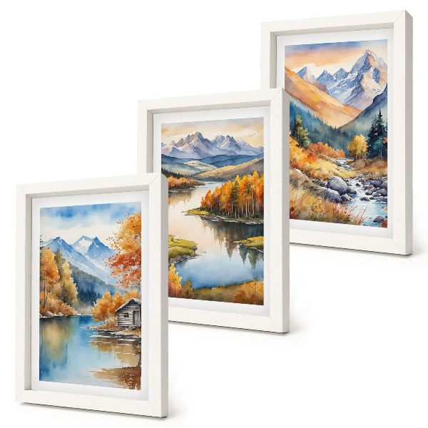 Trittico incorniciato Panorami montani con fiume e alberi autunnali