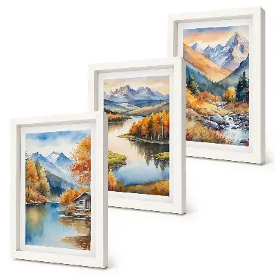 Trittico incorniciato con panorami montani, fiume e alberi autunnali