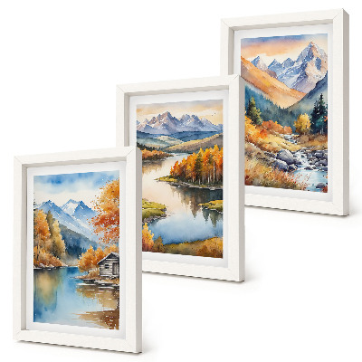 Trittico incorniciato Panorami montani con fiume e alberi autunnali