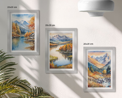 Trittico incorniciato Panorami montani con fiume e alberi autunnali