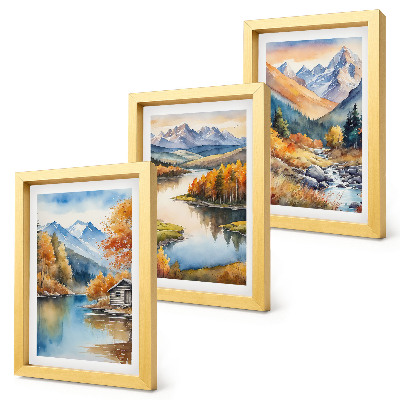 Trittico incorniciato Panorami montani con fiume e alberi autunnali