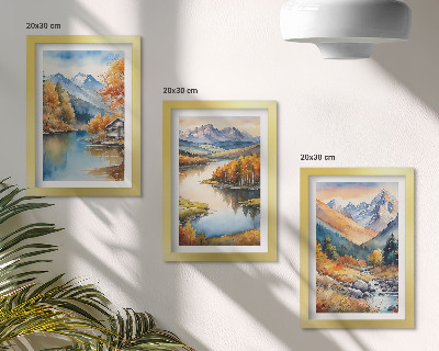 Trittico incorniciato Panorami montani con fiume e alberi autunnali
