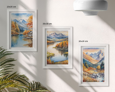 Trittico incorniciato Panorami montani con fiume e alberi autunnali