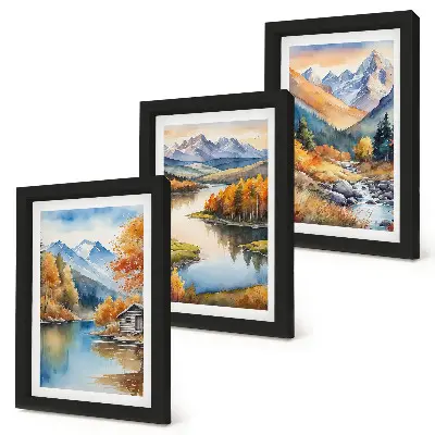 Trittico incorniciato con panorami montani, fiume e alberi autunnali