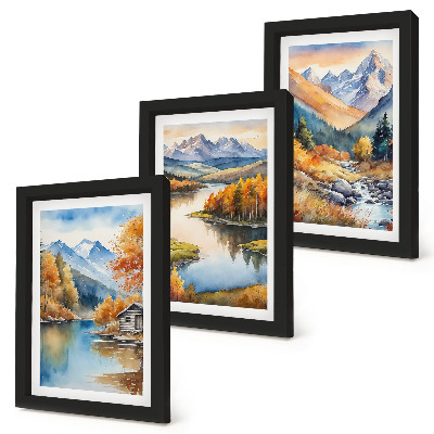 Trittico incorniciato Panorami montani con fiume e alberi autunnali