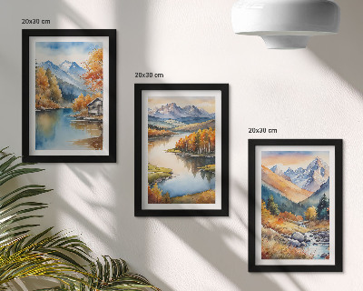Trittico incorniciato Panorami montani con fiume e alberi autunnali