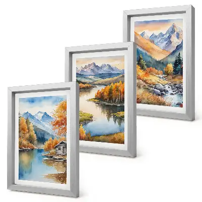 Trittico incorniciato con panorami montani, fiume e alberi autunnali